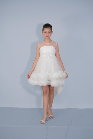 Butikhappykids Kız Çocuk Abiye Beyaz Etekleri Fırfırlı Kuyruklu Beli Çiçekli Abiye 6-10 Yaş Beyaz