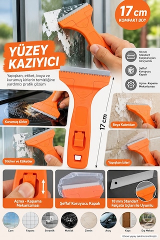 Yüzey Kazıyıcı Metal Bıçaklı Cam Etiket Boya Yapışkan Kazıma Temizleme Aparatı 17 Cm