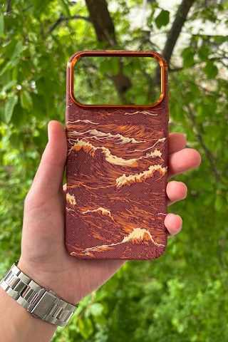 Apple iPhone Uyumlu 17 Pro Deniz Dalgası Desenli Soft Dokulu Karbon Fiber Magsafe Kılıf Turuncu