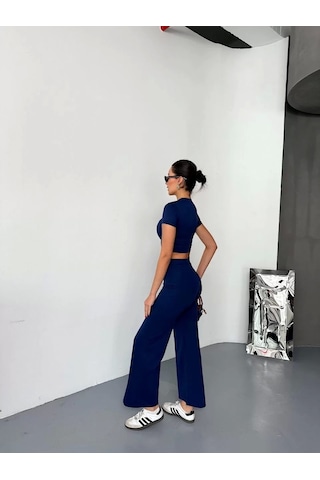 Mzpkartan Osy Modal Yumuşak Dokulu Kumaş Kısa Kollu Crop Alt İspanyol Paça Pantalon İkili Takım - Lacivert Lacivert