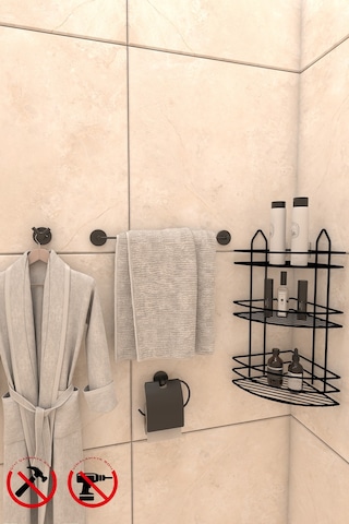 Alper Banyo Yapışkanlı Siyah 3 Katlı Banyo Rafı EK03 Lotus Açık Kağıtlık Uzun Havluluk V Bornoz Askılık Siyah
