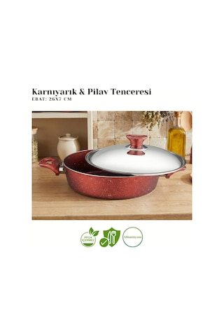 26 Cm Granit Karnıyarık & Pilav Tenceresi Çelik Kapak - Kırmızı Kırmızı