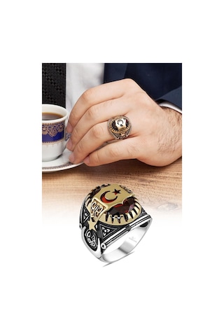 Ayyıldız Desenli Gümüş Erkek Yüzük