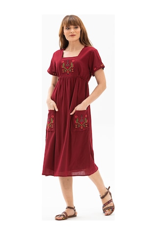 Kısa Kol Şile Bezi Melek Midi Boy Elbise Bordo Brd