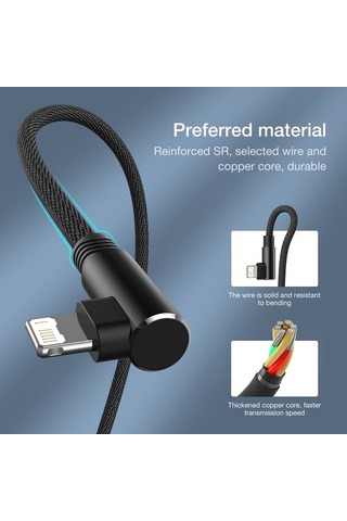 Prestigegoods 90 Derece Usb Kablosu İphone 13 12 11 Pro Max X Xr 6 7 8 Plus Se2 İpad Uyumlu Uzun 3m Hızlı Şarj Veri Kablosu