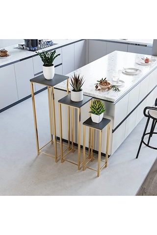 Dekoratif Saksılık 3lü Saksı Standı Gold Ayak Çok Amaçlı Metal Gold Ayaklı Yan Sehpa Saksılık Antrasit