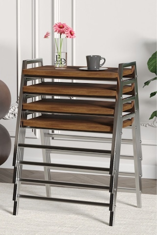 Zigon Sehpa , Aden 4'lü Tepsi Zigon Sehpa Takımı Gümüş Metal - Barok Tabla Gümüş-barok