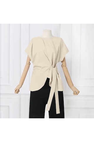 Bej Vonda Yaz Kadın Kısa Kollu Bisiklet Yaka Tunik Üstleri Rahat Düz Renk Pilili Bluz T-shirt S-5xl