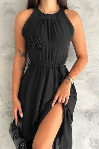 Kadın Astarlı Sıfır Kol Şifon Elbise Dpnbk2144 Siyah