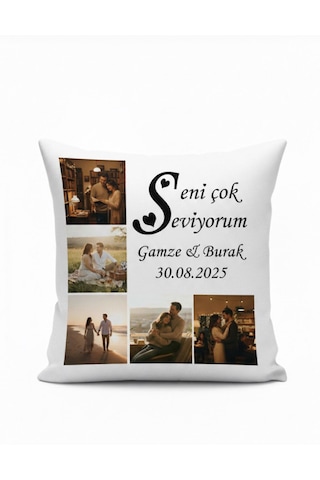 Seni Seviyorum Yazılı Kişiye Özel Yastık 40x40 Beyaz