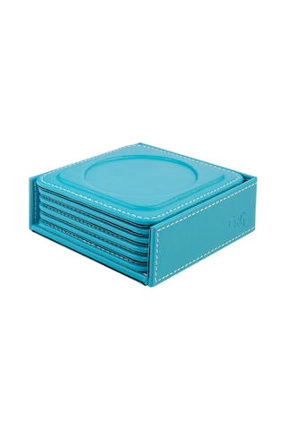 Bardak Altlığı,6 Lı Set,masaüstü Yuvarlak Cup Coaster,vegan Suni Deri,11x11 Cm.,turkuaz Turkuaz