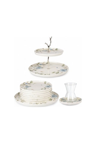 6 Kişilik Porselen Toledo 21 Prc Pasta Takımı Dijital Flora Desen İpek Krem