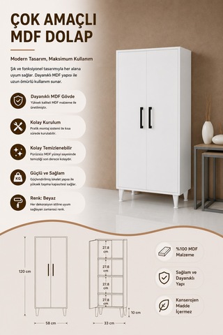 Renazzo %100 Mdf Çok Amaçlı Kiler Banyo Mutfak Dolabı Beyaz
