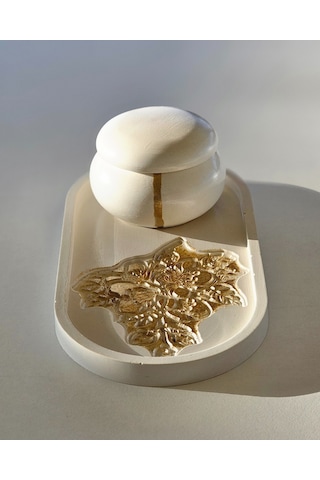 Tealight Mumluk & Tepsi Seti Özel Tasarım Kabartmalı Desen 3 Parça Gold Boyama Kırık Beyaz