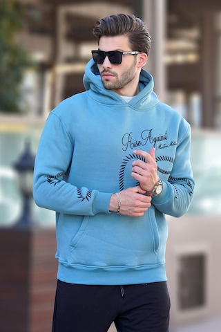 Madmext Mavi Baskılı Kapşonlu Cep Detaylı Erkek Sweatshirt 7067 Mavi