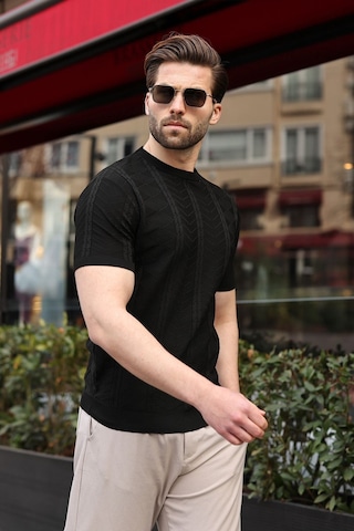 Siyah Bisiklet Yaka Slim Fit Triko Erkek Tişört E7466