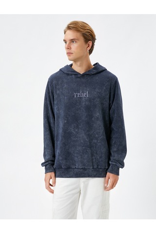 Koton Kapşonlu Sweatshirt Yıkamalı Slogan İşlemeli Ribanalı Şardonlu Mavi 4wam70275mk Mavi