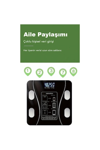 Dijital Bluetooth Baskül - Yağ Su Kas Vücut Kitle Endeksi Kilo Ölçer Tartı Vücut Analiz Cihazı Siyah