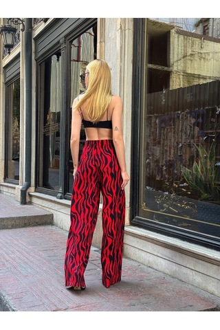 Kadın Yüksek Bel Kuşaklı Desenli %100 Viscose Pamuk Geniş Paça Şık Casual Büyük Beden Curve Pantolon Kırmızı