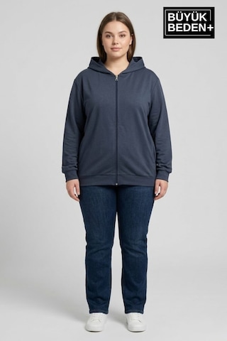 Süperlife Kadın Büyük Beden Fermuarlı Kapüşonlu İnce Sweatshirt Hırka - Rahat Kalıp Spr26bhr960 Indigo