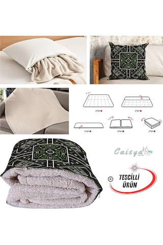 Yeşil Siyah Etnik Desen Tv Battaniyeli Opsiyonel Dekoratif Yastık Kırlent 2 İn 1 Battaniye Çok Renkli