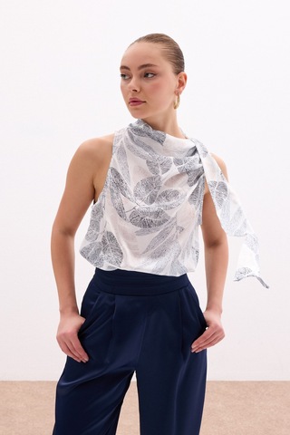 Sateen Fularlı Desenli Bluz - Siyah-136078 Siyah