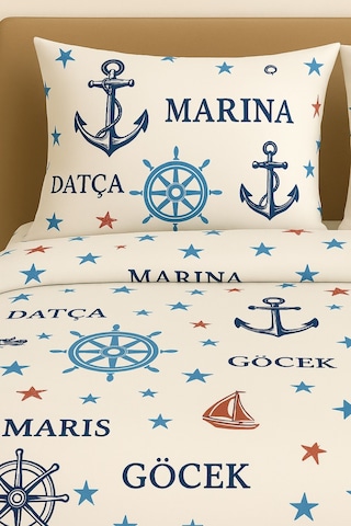 Çift Kişilik Desenli Nevresim + 2 Adet Kapaklı Yastık Kılıfı Deniz Mavisi