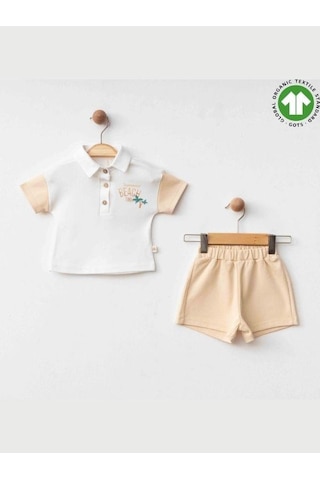 Zekids Erkek Bebek Organik Pamuklu Yakalı T-shirt Şortlu Takım-15911 renkli