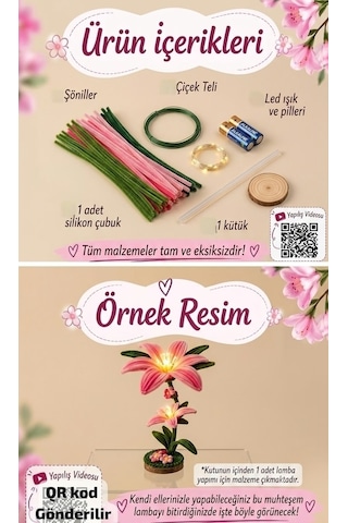 Çan Çiçeği Gece Lambası Kit Seti,renk Pastel Pembe, Tel Şönilden Tüylü Şönil Seti