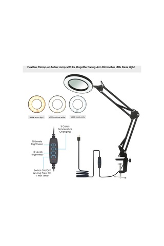 Neoglint Siyah 8x Büyüteçli Neoglint Esnek Kelepçeli Masa Lambası
