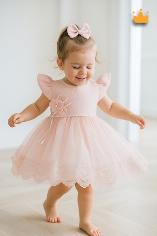 Babyhola 0-24 Ay Gofre Tül Etekli Kız Bebek Çocuk Abiye Bayramlık Elbise Saç Bandı Set Pembe 1007 Pudra