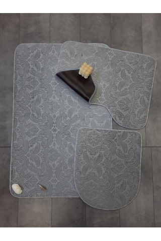Bonny Home Ultrasoft Desenli 3lü Gri Klozet Takımı Banyo Halısı Gri