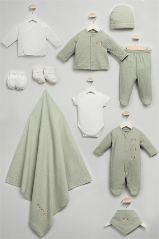 Bebitof %100 Pamuk Sevimli Köpekcikler Desenli 10 Parça Kutulu Yenidoğan Hastane Çıkışı Zıbın Seti Bbtf.ysl.10116 Yeşil