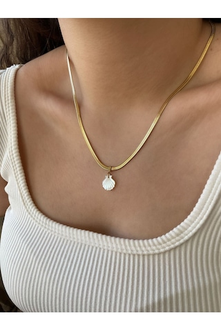 Sedef Taşlı Deniz Kabuğu İtalyan Zincir Çelik Kolye