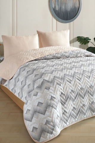 Tek Kişilik Desenli Kapitone Çift Taraflı Renkli Pike Yatak Örtüsü Takımı 160x230 Cm Çarşafsız Bej