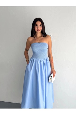 Freedom Storee Kadın Straplez Pileli Elbise - Açık Mavi Çok Renkli