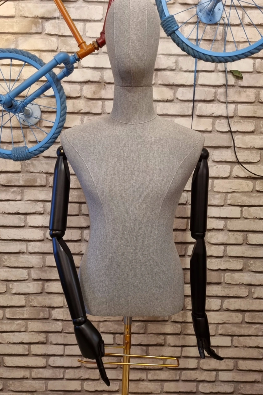 Yüksek Kalite Erkek Kumaş Kafalı Keten Kumaş Ahşap Kollu Terzi Mankeni 0011