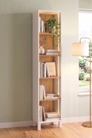 Yoda 5 Raflı Neon Led Işıklı Dar Alan Kitaplık Ahşap Ayaklı Sepet-beyaz 183cm Yd5-sw