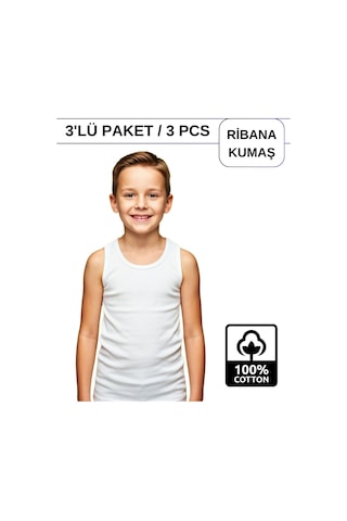 Alya Underwear Erkek Çocuk Pamuk Ribana Atlet Oval Yaka 3'lü Paket Beyaz,siyah,gri-t01