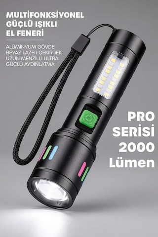 2000 Lümen Şarjlı El Feneri 6 Mod Metal Kasa Zoom Özellikli Geniş Dar Açı Type-c Şarj Girişli Suya Dayanıklı