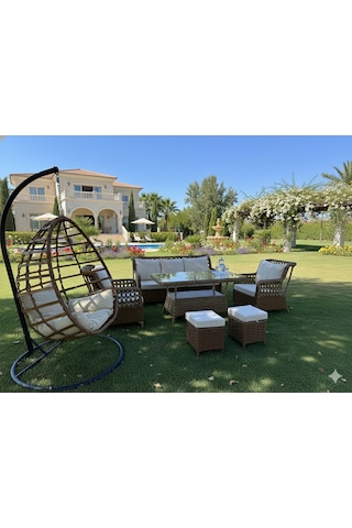 Mimoza Deluxe 7 Parça Rattan Villa Bahçe Takımı - Yemekli Oturma Seti Kahverengi