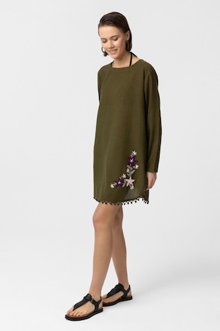 Yeşil Nakış İşlemeli Uzun Kollu Pamuklu Bluz Elbise Yeşil