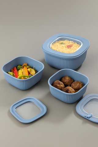 Kare 3 Parça Vakumlu Sızdırmaz Hava Almaz Saklama Kabı Seti Mavi 1800/1100/600 Ml Mavi