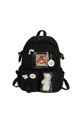 Springsun Üniversite Öğrencisi Sırt Çantası Moda Okul Sırt Çantası Naylon Peluş Kolye Pimi Sevimli Kawaii Japon Tarzı Genç Kızlar İçin, Siyah, 40x30x11cm/15.75x11.81x4.33in Siyah