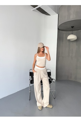 Kadın Çift Kat Detaylı Modal Dokulu Alt Üst Takım Krem