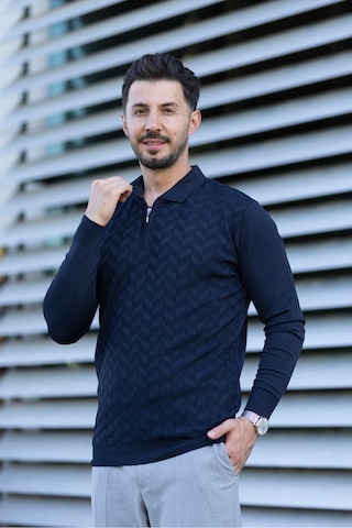 Hk Premium Erkek Triko Kazak Zikzak Desenli Polo Yaka Fermuarlı Slim Fit Lacivert