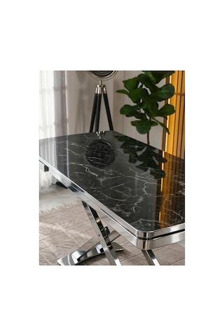 Venoxa Premium 80x120 / 80x180 Ölçülü Mdf Masa Tek Masadır Siyah Mermer / Nikel Siyah Mermer / Nikel