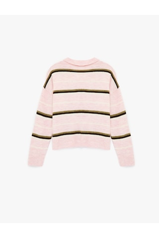 Koton Düğmeli Uzun Kollu Polo Yaka Çizgili Triko Kazak Pembe Çizgili 6sal90010ıt Pembe
