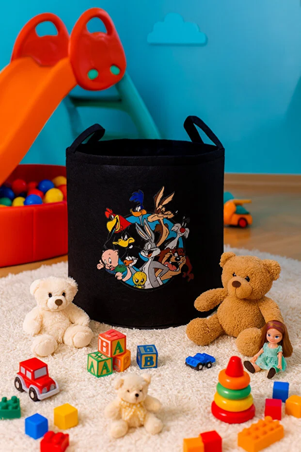 Keçe Oyuncak Sepeti Çizgi Film Desenli, Katlanabilir Kulplu, Çocuk Odası Düzenleyici Siyah