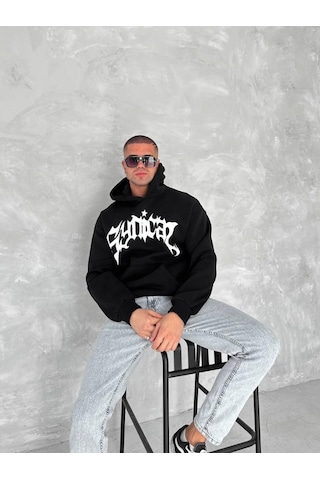 Veraura Lifestyle Unisex Üç İplik Kapşonlu Baskılı Sweatshirt - Siyah